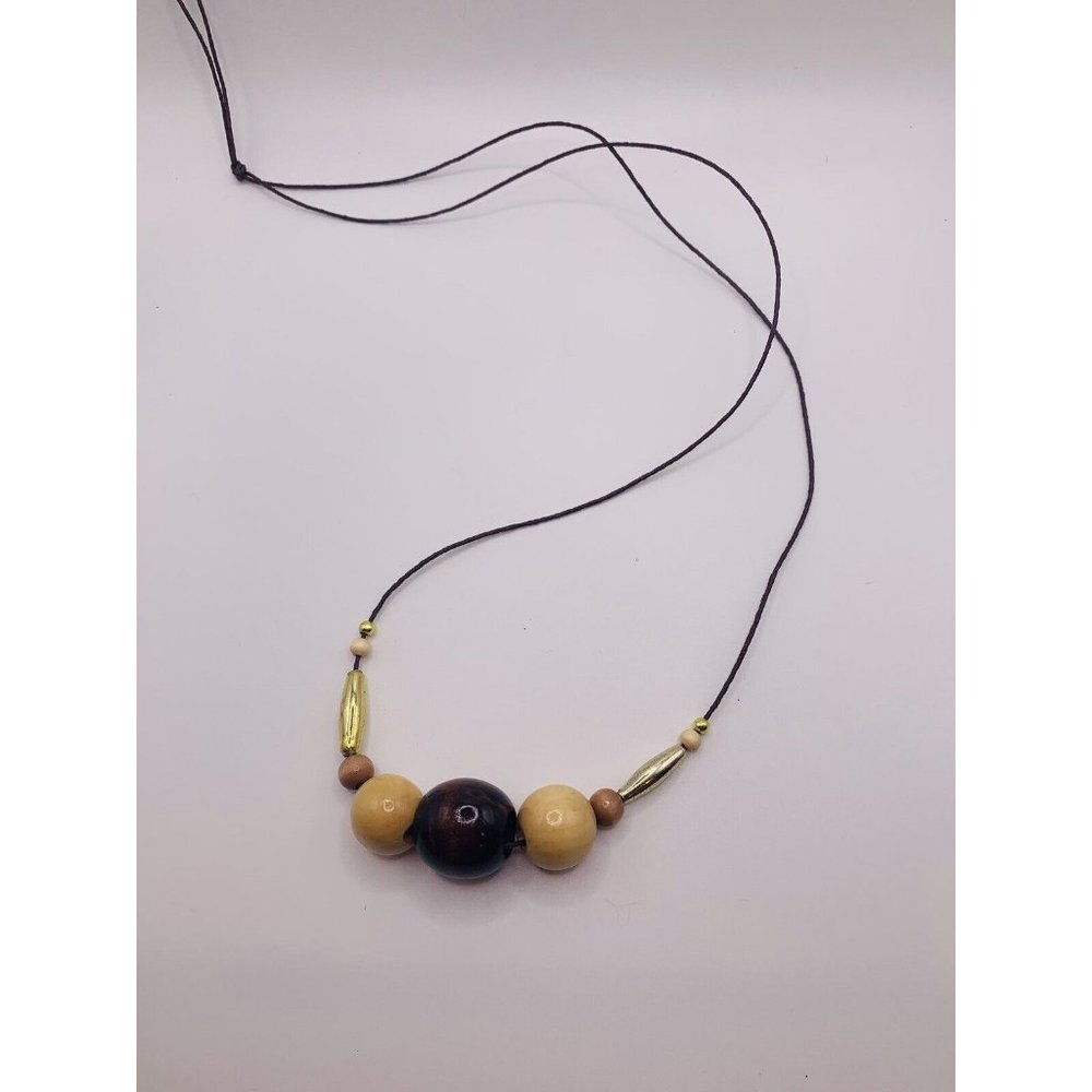 Boho Wood Dark/Natural/Gold Tone Bead Necklace 18"  Retro 80s Read Description